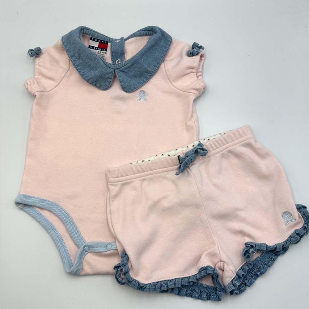 Vintage Tommy Hilfiger 2 Piece Light Pink & Denim Body Suit & Shorts Size 3-6 Mo